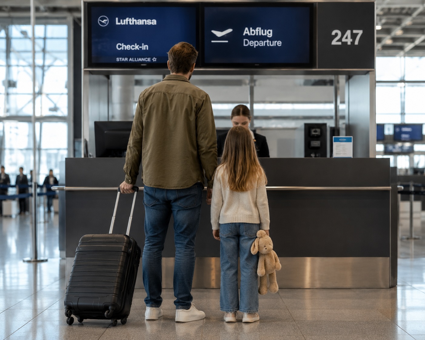 Vater und Tochter am Lufthansa-Check-in-Schalter vor dem Abflug in den Urlaub