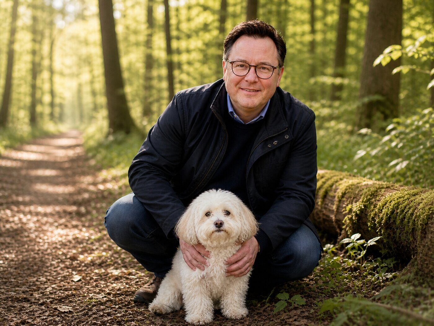 Rechtsanwalt Falko Maiwald privat mit seinem Hund im Wald bei Dresden